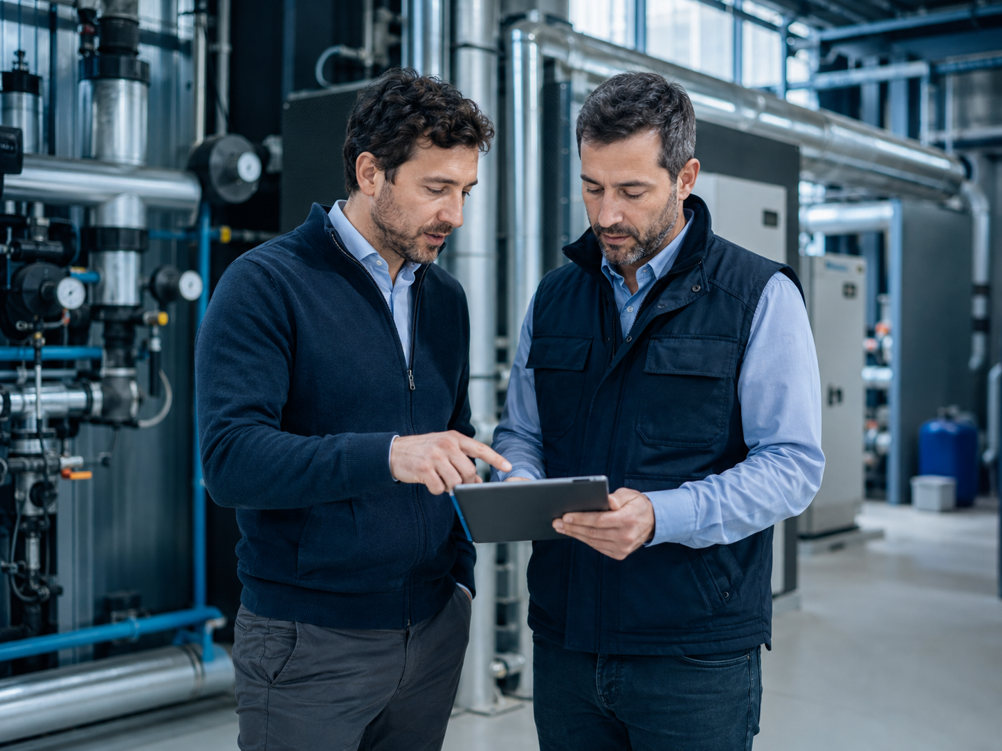 Due professionisti collaborano con fiducia su un progetto impiantistico