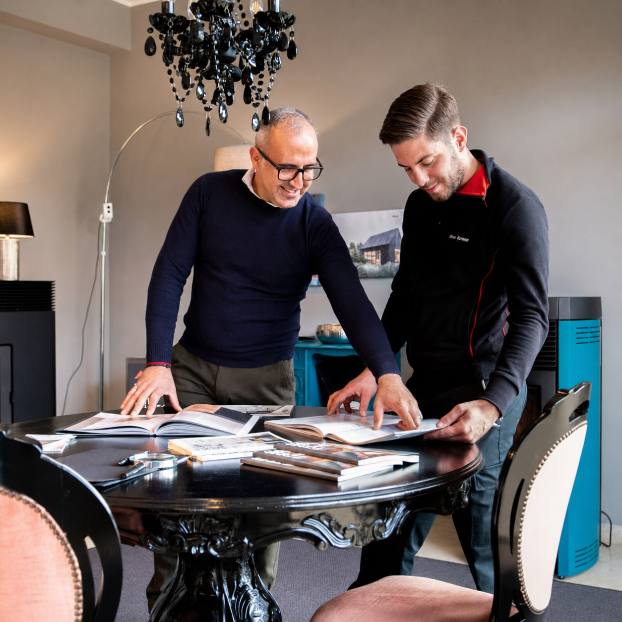 Andrea Albino con il padre Giansalvatore Albino nello showroom